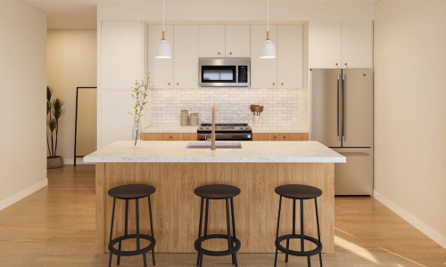 a bright kitchen with a island-table